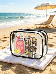 1pc Black PVC Transparent Makeup Organizer Bag, Printed With "Sweet Summer Time" Letter Pattern And Pink Soda Pattern, Premium Quality Durable, Waterproof And Stain-Resistant, Easy To Wipe Clean - Multicolor - View 7