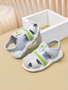 Boys' Hook And Loop Sandals, Summer New Soft Bottom Non-Slip Beach Shoes, Easy On/Off, Silver Gray Solid Color, Floral Woven Strap Decor, More Fashionable - Light Grey - View 8