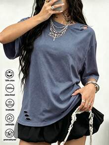Denim Blue Pure Cotton Floral T-Shirt, Ribbed Color-Blocked Party , Round Neck Loose T-Shirt, Vacation Wear, Casual Sportswear, Unisex Style, Soft And Comfortable - Denim Blue - View 4