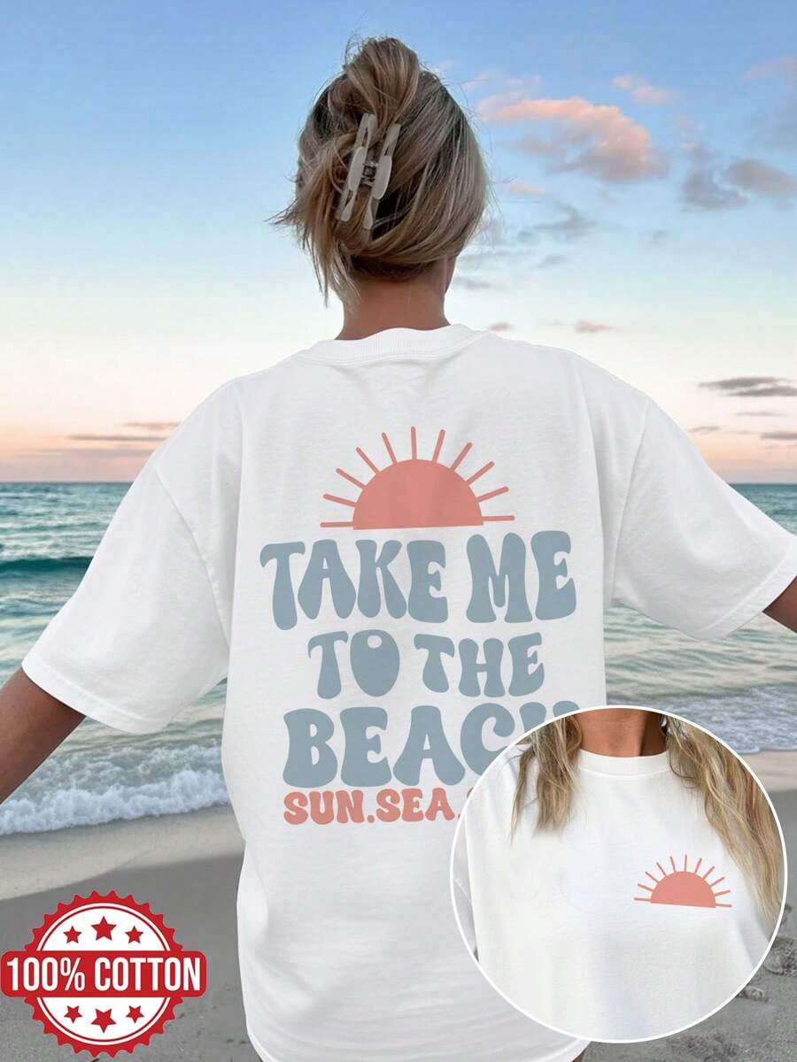 Women's Spring/Summer Clothing With Double-Sided Print, Vintage Style Top For Women, Sun And Beach Design, "Take Me To The Beach" Print, Versatile Short Sleeve, Drop Shoulder, Oversized T-Shirt, Women's Winter Clothing. - 白色 - 查看 1