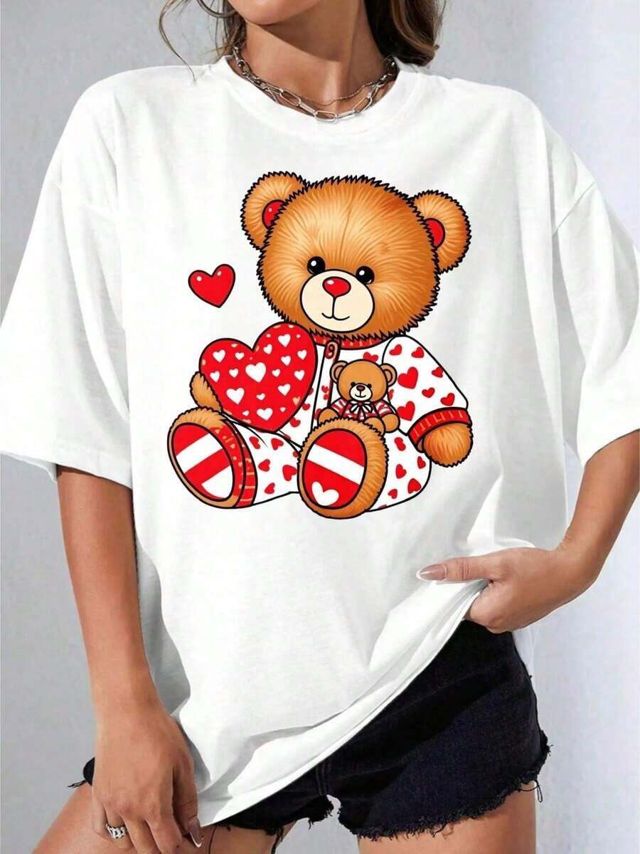 Camiseta de Niña en Blanco y Negro con Estampado de Oso de Peluche y Corazón Blanco para Uso Casual y Día de San Valentín, Fiesta al Aire Libre, Camiseta Casual Estampada - Estilo Vintage Urbano Unisex, Camiseta de Manga Corta de Algodón Holgada con Cuello Redondo, blusas para mujer. blusas.blusas casuales para dama.Impresión de osos cariñosos.Camiseta estampada Impresión de osos cariñosos. - Blanco - Ver 1
