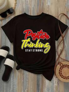 Camiseta de mujer de corte holgado, opciones de color y blanco, pensamiento positivo, mantente fuerte, impresión gráfica, cita motivacional, cuello redondo, manga corta, top casual de verano para mujeres, ropa de calle a, camisetas de uso diario, tops de verano, camisetas gráficas, atuendos de verano para mujeres, camisetas gráficas, tops cortos para mujeres, tops para mujeres, vintage, algodón, ropa linda, atuendo de Navidad para mujeres, vestidos elegantes de mujerSuitable for spring, summer and autumn - Negro - Ver 2