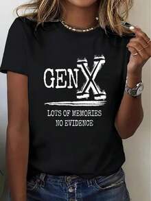 Camiseta de cuello redondo de una pieza para mujer, estilo curvado, talla grande |   Estampado gráfico llamativo de "GEN X" y eslogan "Muchos Recuerdos, Sin Pruebas" - fondo negro con letras blancas, mangas cortas transpirables, camiseta casual para fiestas de verano, ropa informal, regalo para el Día del Padre, camiseta vintage, recomendación de regalo, corte holgado y elástico. - Negro - Ver 2