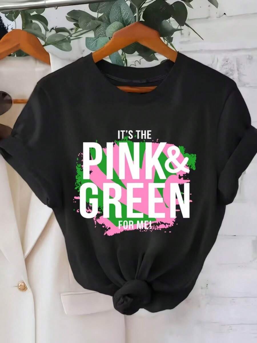 This Is My Women's Casual 100% Cotton Crew Neck T-Shirt In Pink And Green-A Stylish And Versatile Date Gift! It's Lightweight, Breathable, And Flattering For All Body Types, Effortlessly Creating A Modern Look. 180g 100% Cotton. - 黑色 - 查看 1