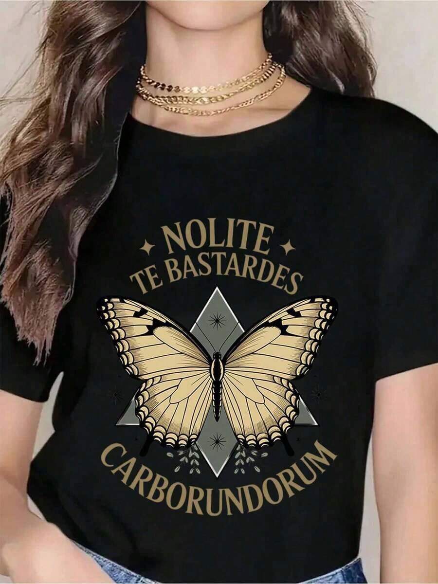 Camiseta Nolite Te Bastardes Carborundorum con Gráfico de Mariposa para Mujer, Top Casual Unisex con Frase en Latín y Diseño Elegante, Perfecta para Uso Diario e Ideas de Regalo, Camiseta para Mujer - Negro - Ver 1