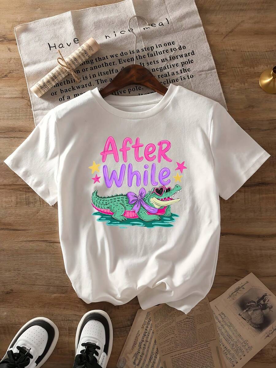 Más tarde, aparecieron camisetas con estampado de cocodrilo, de manga corta, cuello redondo, estilo casual, para primavera y verano, ropa de mujer. - Blanco - Ver 1