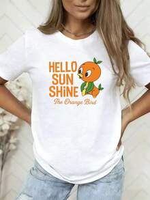 1 camiseta deportiva casual, Hello Sunshine, Orange Bird, con estampado retro de dibujos animados para mujer, manga corta, para primavera/verano, casual/vacaciones, para actividades al aire libre, almacén local, casual y elegante, 180g, 100% algodón. - Blanco - Ver 12