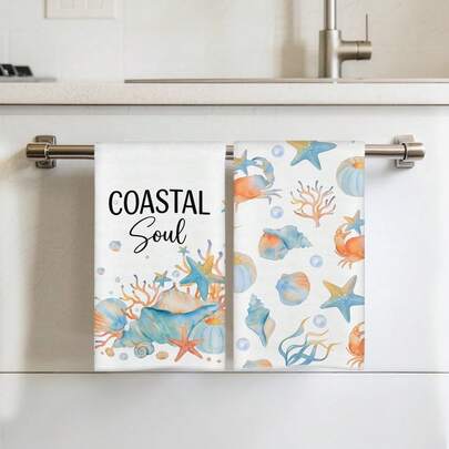 2pcs Kitchen Towels, Blue Ocean Creature & Shell Pattern Super Soft Microfiber Kitchen Towels, 40*60cm/15.7*23.6in, Single-Sided Print, Dish Cloths For Kitchen, Restaurant, Bathroom Decor, Holiday Gift