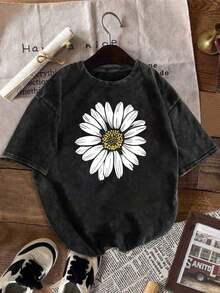 One Plus-Size Women's Vintage Washed T-Shirt With A Classic Design Featuring Letter, Plant, And Animal Prints. With Its Retro And Classic Style, It's A Vacation Travel Essential. Y2Y-Summer Clothes, 180g, 100% Cotton - 黑色 - 查看 6