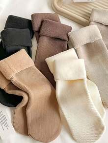 3 Pairs Women's Thick Vertical Striped Snow Socks, Warm Thermal Lined, Mid-Calf Length, Solid Color, Polyester Knit, Hand Wash Only, Suitable For Outdoor And Daily Wear, Winter Sports Skiing Socks - Multicolor - View 4