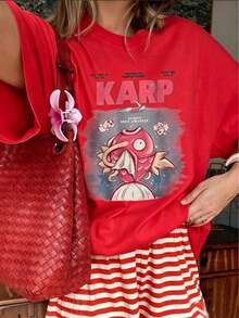 1PSC2026 Women's Vintage T-Shirt With Japanese Koi Fish Print "KARP", Comfortable Anime Style, Short Sleeve, Unique Round Neck, Casual Urban Style, Pinterest Fashion, Summer T-Shirts, Classic Cotton T-Shirt With Fashion Print, Lightweight And Breathable. - 紅色 - 查看 1