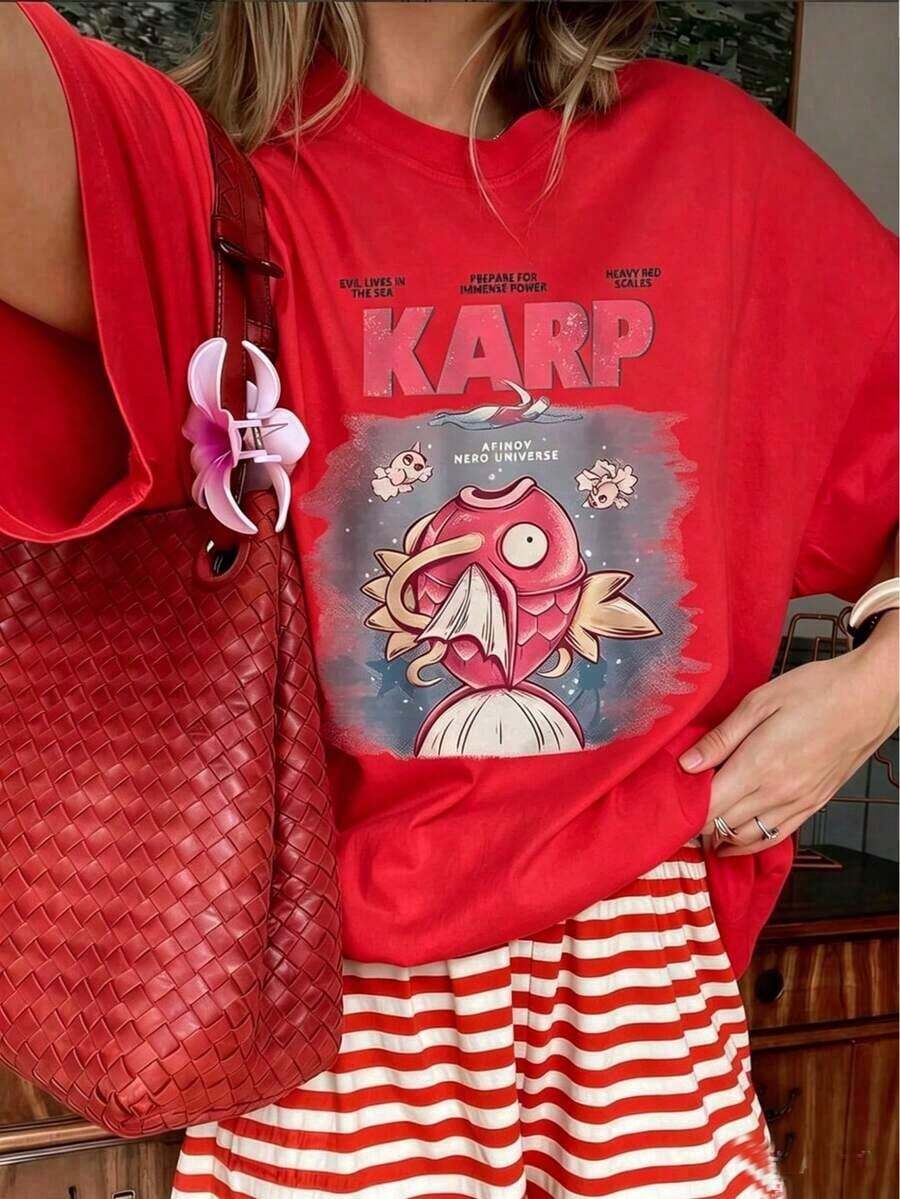 1PSC2026 Women's Vintage T-Shirt With Japanese Koi Fish Print "KARP", Comfortable Anime Style, Short Sleeve, Unique Round Neck, Casual Urban Style, Pinterest Fashion, Summer T-Shirts, Classic Cotton T-Shirt With Fashion Print, Lightweight And Breathable. - 紅色 - 查看 1