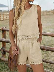 LUNE Conjunto de 2 piezas de blusa sin mangas con parches de encaje y shorts, adecuado para vacaciones de verano, ir al trabajo y uso diario - Albaricoque - Ver 8