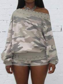 Womens Summer Fold Over Shorts Casual Slim Fit Stylish Rivet Design Low Rise Shorts - color camuflaje - Ver 2
