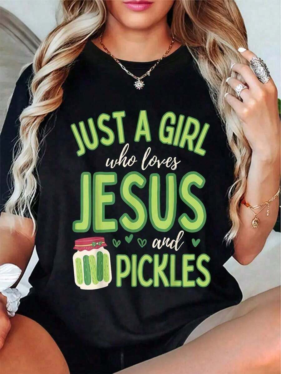 1 Piece Funny And Cute 100% Cotton T-Shirt With The Phrase "A Girl Who Loves Jesus And Pickles" 180g 100% Cotton - 黑色 - 查看 1