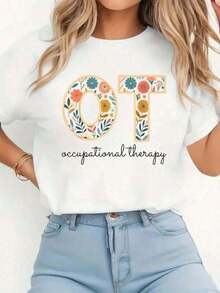 1 Piece White T-Shirt, Occupational Therapy, Vintage Floral Design, Therapist T-Shirt, Casual Short Sleeve Crew Neck T-Shirts For Women - Perfect For The Holiday Season And Outdoor Activities 180g 100% Cotton - 白色 - 查看 7