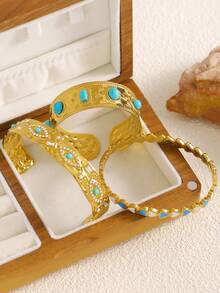 1/3 Peças Conjunto de Pulseiras Vintage de Luxo com Incrustação de Zircônia Falsa de Turquesa, Minimalista Versátil para Uso Casual, Presente para Ela - Multicolorido - Visão 4