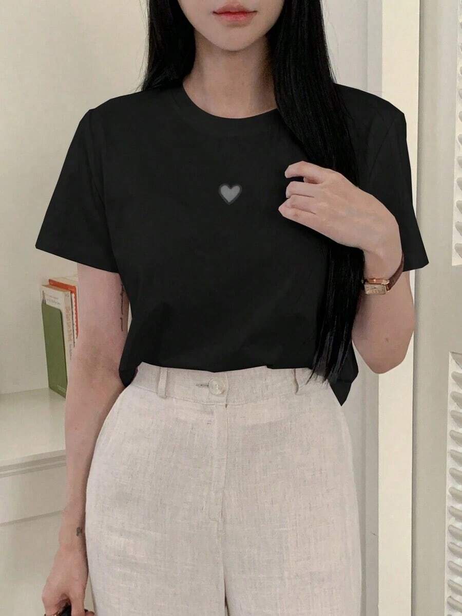 Women's Casual Loose-Fitting Crew Neck T-Shirt With Elegant Hollow Heart Design - Vintage Street Style Unisex Cotton Short Sleeve Crew Neck T-Shirt - 黑色 - 查看 1
