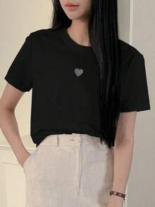 Women's Casual Loose-Fitting Crew Neck T-Shirt With Elegant Hollow Heart Design - Vintage Street Style Unisex Cotton Short Sleeve Crew Neck T-Shirt - 黑色 - 查看 4