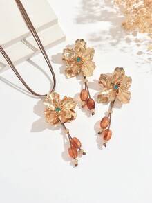 3pcs/Set Summer Fashion Bohemian Colorful Hollow Flower Necklace + Earrings Jewelry Set For Women, Suitable For Casual, Beach, Date, Party, Gift - Brown - View 4