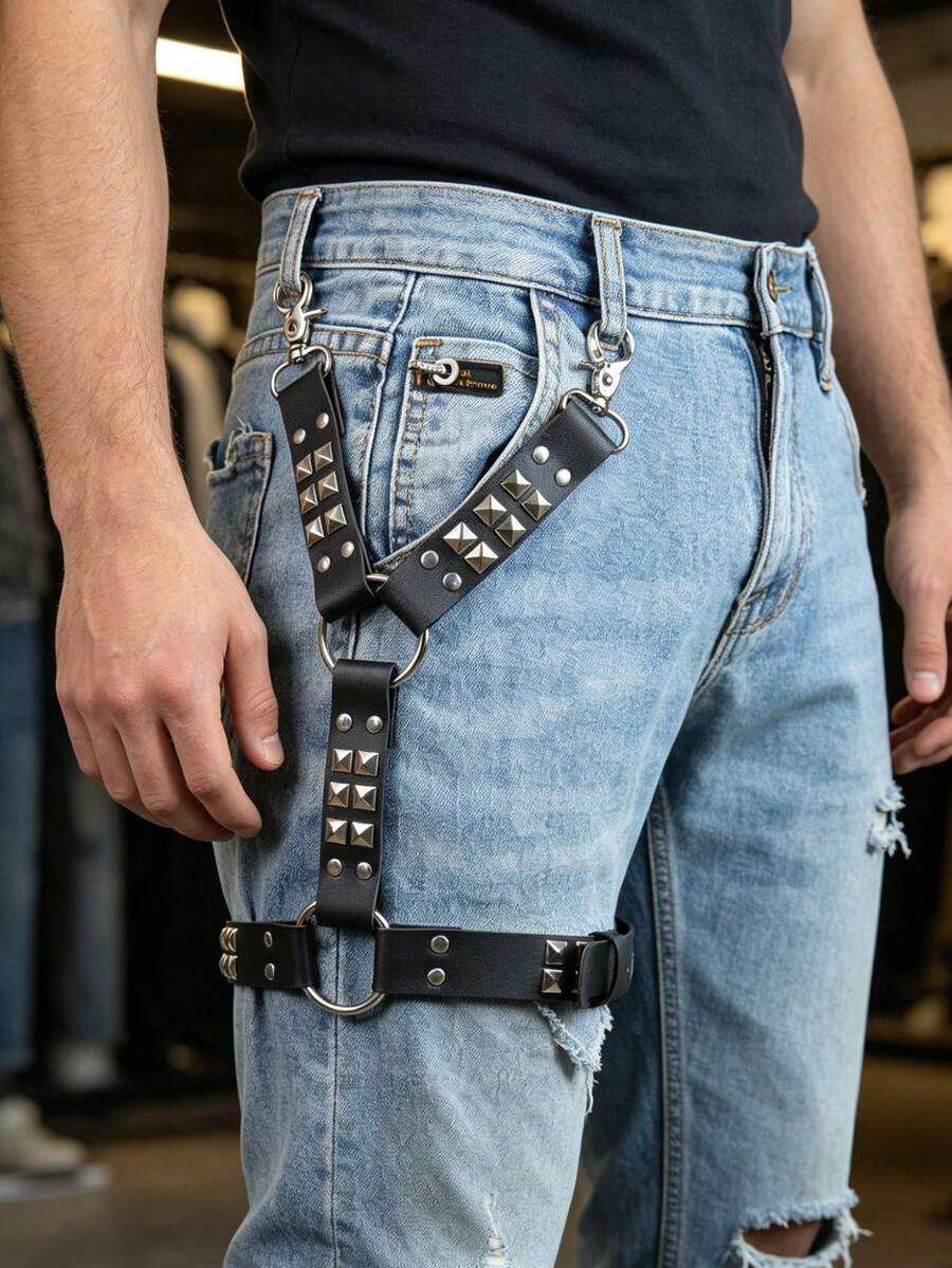 1 chiếc dây nịt da PU đính đinh tán phong cách Punk dành cho nam, dây xích quần kiểu Gothic Rock có dây đeo chân, dây nịt unisex, quà tặng cho phái mạnh dự tiệc. - màu đen - Xem 1