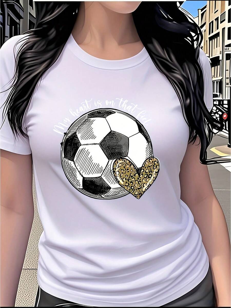 Essential One-Piece Casual Set For Spring/Summer Featuring A Football Print, Heart-Shaped Leopard Pattern, Printed T-Shirt, Short Sleeves, Round Neck, Unique And Fashionable Women's Clothing, Versatile, Sporty Style, Suitable For Casual Daily Wear, Parties, Travel, And As A Gift For Elegant Events And Holidays. Soft Cotton For Everyday Wear. - 白色 - 查看 1