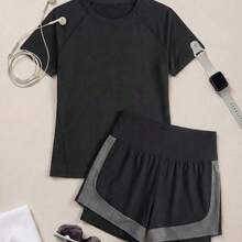 Cheerettes Women's Solid Color Short Sleeve T-Shirt And Contrast Color Shorts Outdoor Suit - Negro - Ver 2