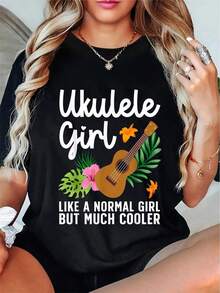 Luxury Women's T-Shirt With Fun Ukulele Print - Slogan "Like Normal But Cooler", Short Sleeve Top With Soft Round Neck, Tropical Floral Print, Lightweight Everyday Wear For Music Lovers, Rock Style Beach Outfit, Casual And Comfortable, Durable Print Quality, Graphic For Everyday Wear. - 黑色 - 查看 7