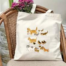 1pc Cats Dogs Ducks And Kittens Canvas Tote Bag For Women - Handbag Shopping Bag - Library School Tote - Shoulder Bag - Suitable As A Christmas Or Birthday Gift For Mom - For Students And Teachers Use - 米色 - 查看 1