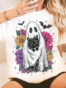 Women's Loose-Fitting T-Shirt With A Round Neck And Exquisite Print. Soft And Breathable Fabric, Comfortable To Wear, And Short Sleeves. Casual And Relaxed Fit, Versatile Style. Made From High-Quality 100% Pure Cotton (200 G). - 白色 - 查看 1