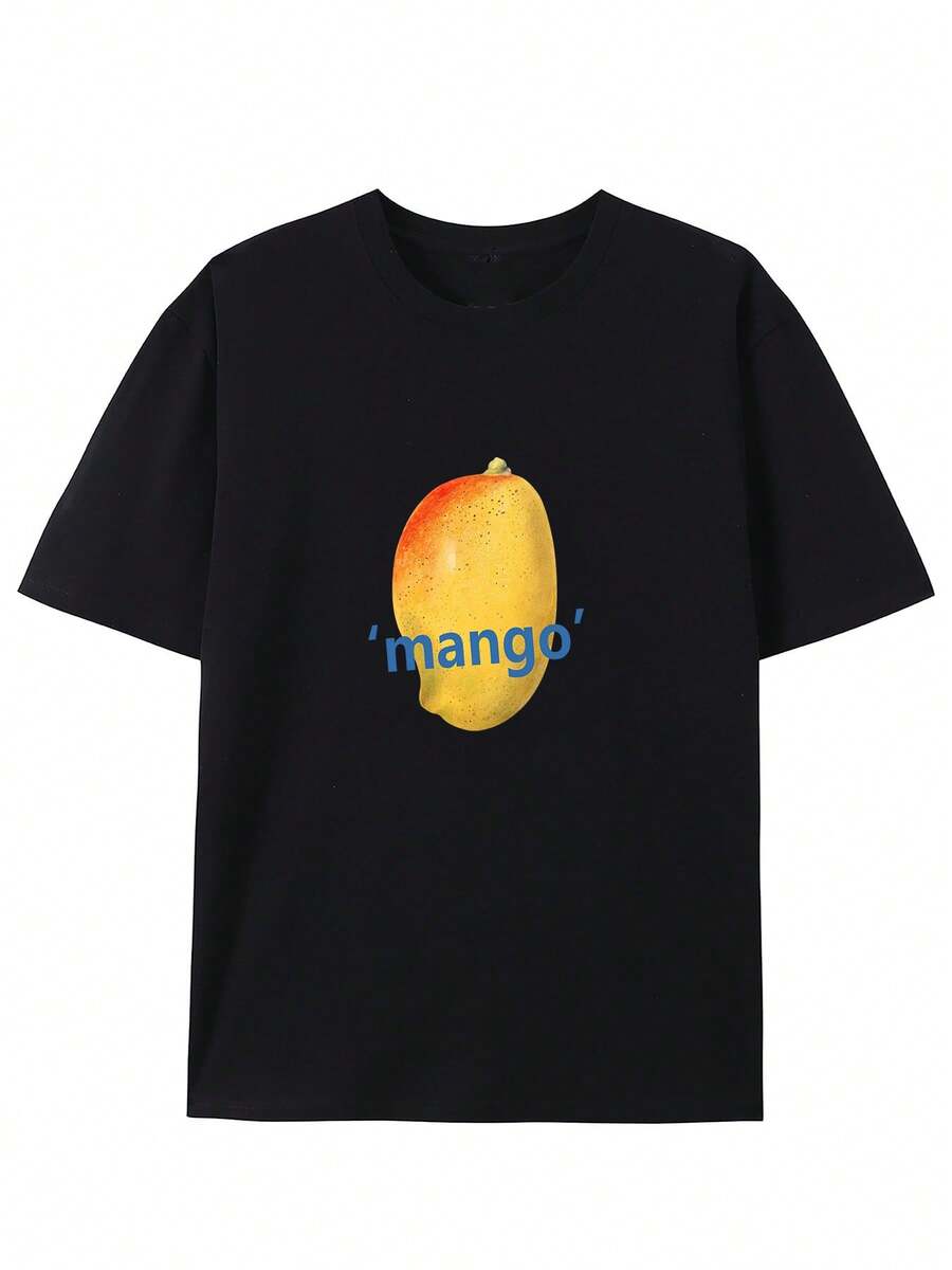 Great Mango! Round Neck T-Shirt With Creative Design, Fashionable Short Sleeves For Summer, Casual Top For Everyday Style - 黑色 - 查看 1