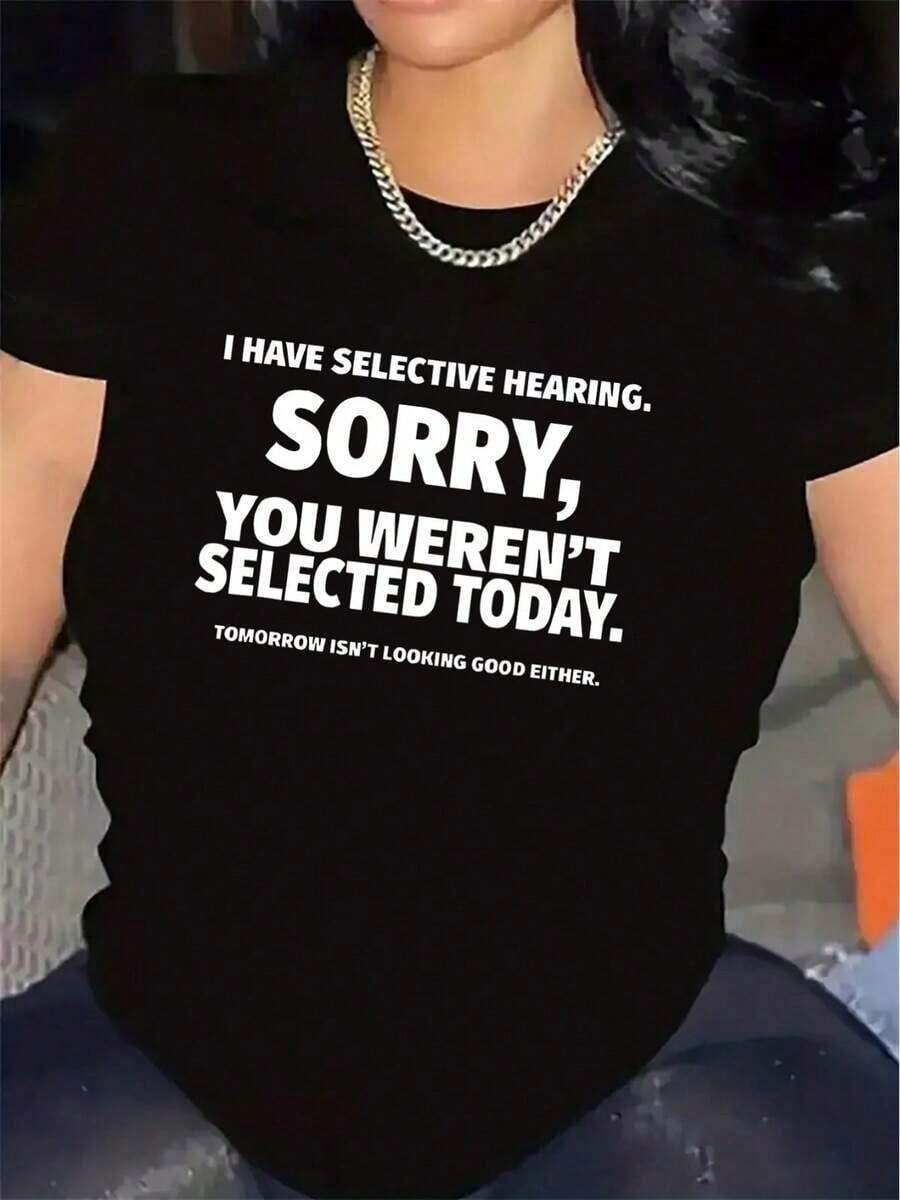 Funny T-Shirt With Sayings For Women - Graphic Tee With The Phrase "I Have Selective Hearing" - Lightweight T-Shirt For Everyday Wear At Home, Office, Restaurant - White Text On Black - Casual T-Shirt For Women - Funny Gift Idea, Office Wear, Crew Neck, Comfortable Fit - 黑色 - 查看 1