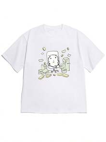Women's Loose-Fitting Short-Sleeved Off-The-Shoulder T-Shirt With A Fun And Interesting "Get Rich Lying Little Man" Print, Fun And Interesting Style, Comfortable And Skin-Friendly, Ideal For Everyday Street Wear During The Summer. - 白色 - 查看 7