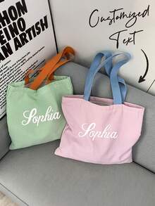 Customizable Name Striped Tote Bag, Showcases Unique Style, Personalized Letter Striped Shoulder Bag, Solid Color Zipper Canvas Bag, Large Capacity Casual Bag, Multi-Color Shoulder Strap, Suitable For Travel, Students, Vacation, Outings, Mother's Day Gift, Etc. - Multicolor - View 2