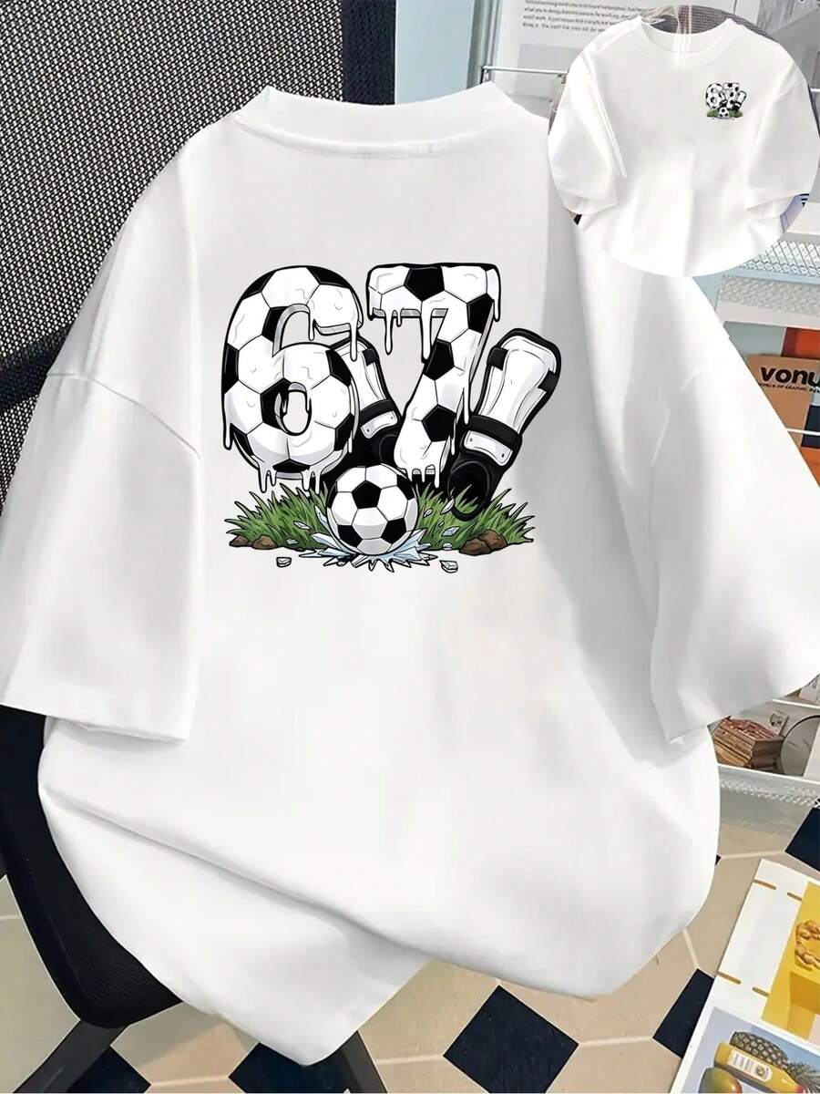 New 180g Short-Sleeved T-Shirt, 1% Cotton, With Front And Back Prints - Football, Ice Hockey -  Printed T-Shirt For Women, Your Best Choice! - Suitable For Layering In Spring And Autumn, And For Wearing Alone In Summer, Unisex Style. - 白色 - 查看 1