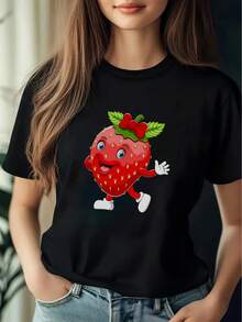 Women's T-Shirt With Fun Strawberry Print, Summer Fashion For Women, Casual, Comfortable, Soft, Suitable For Daily Outdoor Activities, Fitness, Breathable, Round Neck And Short Sleeve For Daily Wear. - 黑色 - 查看 1