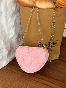 Bolso con forma de corazón de flor de encaje 3D, bolso de hombro y bandolera multifuncional dulce y único con cadena - Rosa - Ver 7