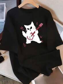Camiseta Suave para Mujer de Uso Diario con Diseño Simple y Versátil - Bonito estampado de gato negro tocando la guitarra, top de manga corta, transpirable y de corte holgado, adecuado para conciertos y uso casual - Camiseta de verano lavable a máquina, juvenil, elegante, ligera, de manga corta, de algodón. - Negro - Ver 1