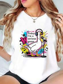 Modern And Minimalist T-Shirt With Fun Cartoon Duck Print With Headphones Singing, For Women, White, Short Sleeve, Suitable For All Seasons, Urban Style, Versatile Combinations, Daily Outfits, Casual Meetings, Everyday Use. - 白色 - 查看 7