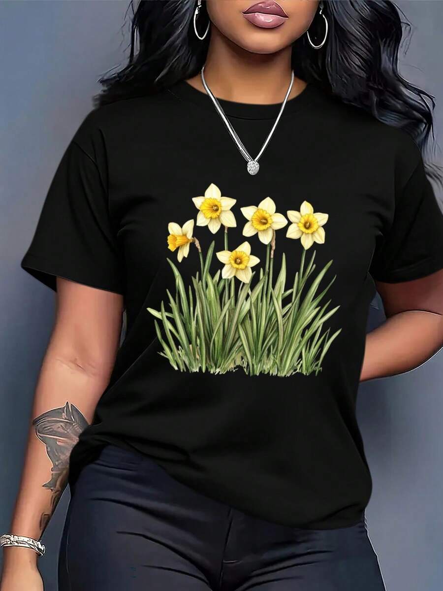 Women's Cotton T-Shirts, Round Neck, Casual Loose Fit, European Geometric Pattern, Short Sleeve - Breathable Summer T-Shirt, Simple Casual Top For Everyday Wear - 黑色 - 查看 1