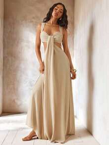 Vestido de unicolor elegante y sexy sin espalda - Albaricoque - Ver 3