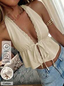 Áo hai dây cotton trắng mùa hè Vellofy dành cho nữ, kiểu dáng ngắn, viền ren, buộc dây phía trước, thích hợp cho kỳ nghỉ biển thanh lịch. - Màu Khaki - Xem 1