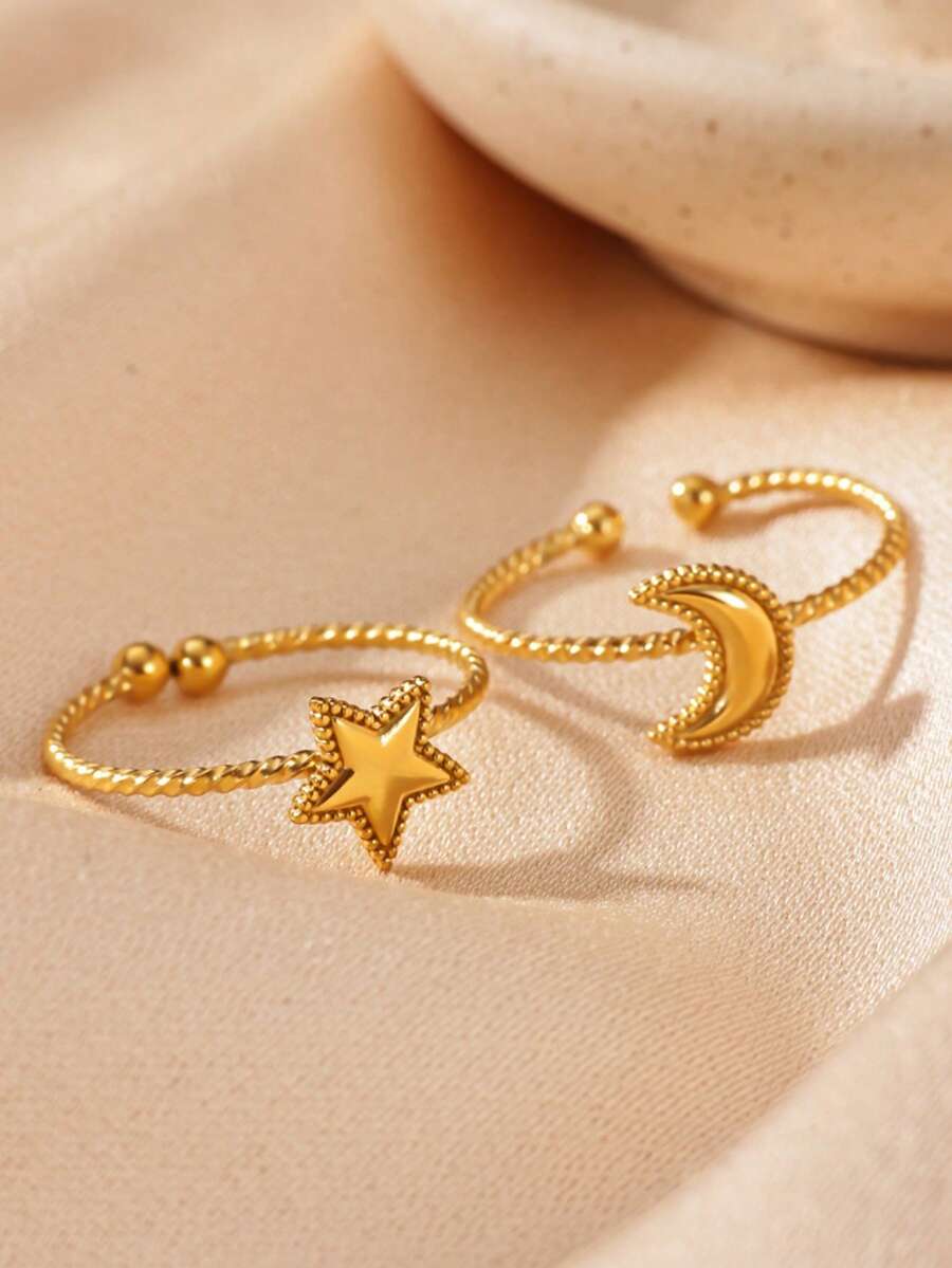 1 pieza Anillo vintage de estrella y luna para mujer, chapado en oro de 18K, acero inoxidable con diseño de estrella y luna, anillo de pareja para boda y fiesta, regalo de joyería - Multicolor - Ver 1