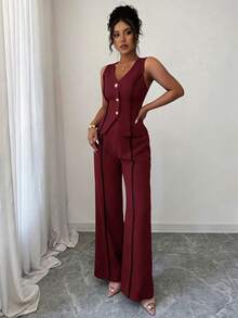 LUNNELUX Women Fall Burgundy 2 Pieces Outfits, V Neck Sleeveless Button Vest & High Waist Wide Leg Pants Set, Christmas Party Outfit - Burgundy - View 4