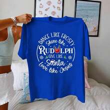 Gift - Short-Sleeved T-Shirt With Christmas-Themed Letter Print, Oversized Round Neck, Casual Women's Clothing, Suitable For Summer And Spring, Soft. - 藍色 - 查看 1