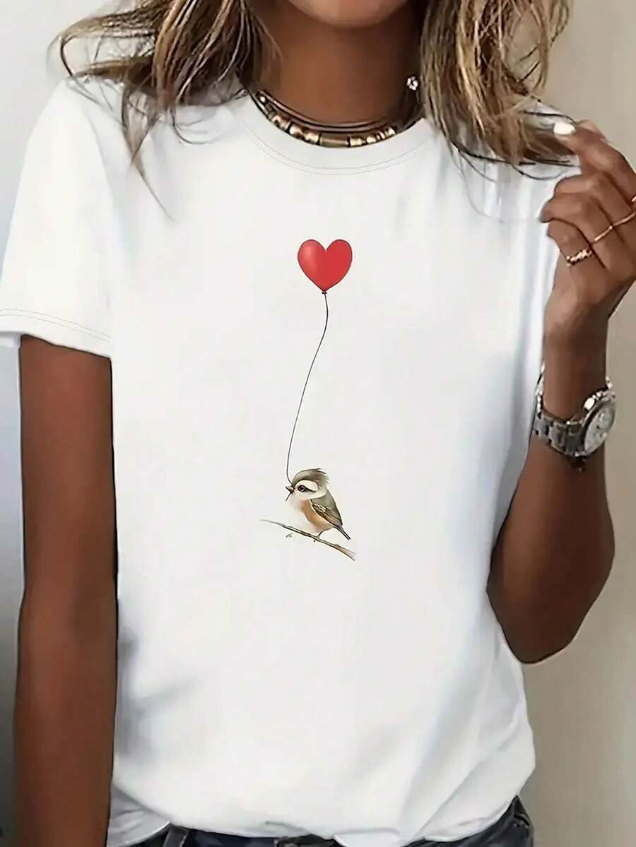 Graphic Print T-Shirt, Short Sleeves And Round Neck, Casual Top For Summer And Spring, Women's Clothing - 白色 - 查看 1