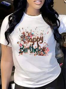 Women's Casual Short Sleeve Crew Neck Printed T-Shirt With Letter And Birthday Balloon Print, Ideal As A Spring/Summer Birthday Gift. Elegant Party Outfit, T-Shirt For Stylish Ladies, Blouses Suitable For Curvy Women, Casual Wear, Cool And Sweat-Free Summer Clothes, Fun Letter Print - 白色 - 查看 1