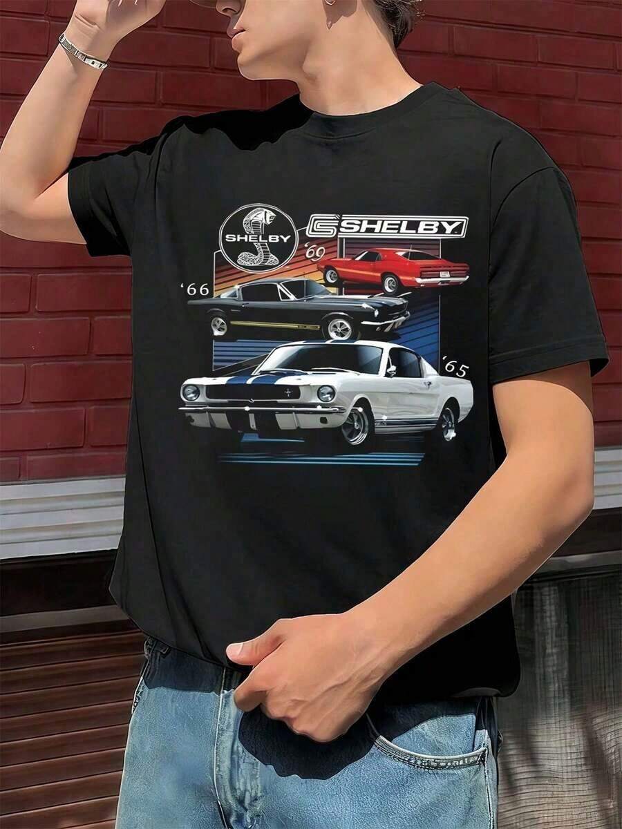 Versatile. 1 Piece. 100% Cotton. Classic Shelby Cobra Mustang T-Shirt Made From 100% Cotton, Comfortable Fit, Casual And Breathable. Fashionable Cut. - Black - View 1