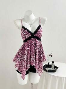 Top de mujer con estampado de leopardo y dobladillo asimétrico con encaje - Rosa 2 - Ver 7