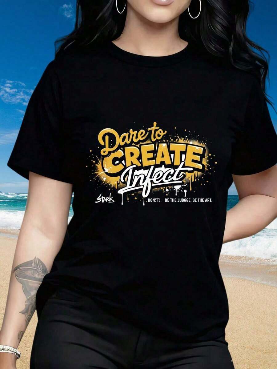 Soft, 100% Cotton Women's T-Shirt With A Crew Neck, Short Sleeves, And A Printed Design. This Casual Urban Style T-Shirt Features A Bold And Original Graphic Design, Perfect For Summer Beachwear And As A Gift For Creative Artists And Art Lovers. It's Also Suitable For Christmas Parties, Sports Activities, Holiday Parties, Outings, And Other Festive Occasions (220g). This Breathable Cotton T-Shirt Is Versatile And Easy To Pair With Any Outfit. - 黑色 - 查看 1